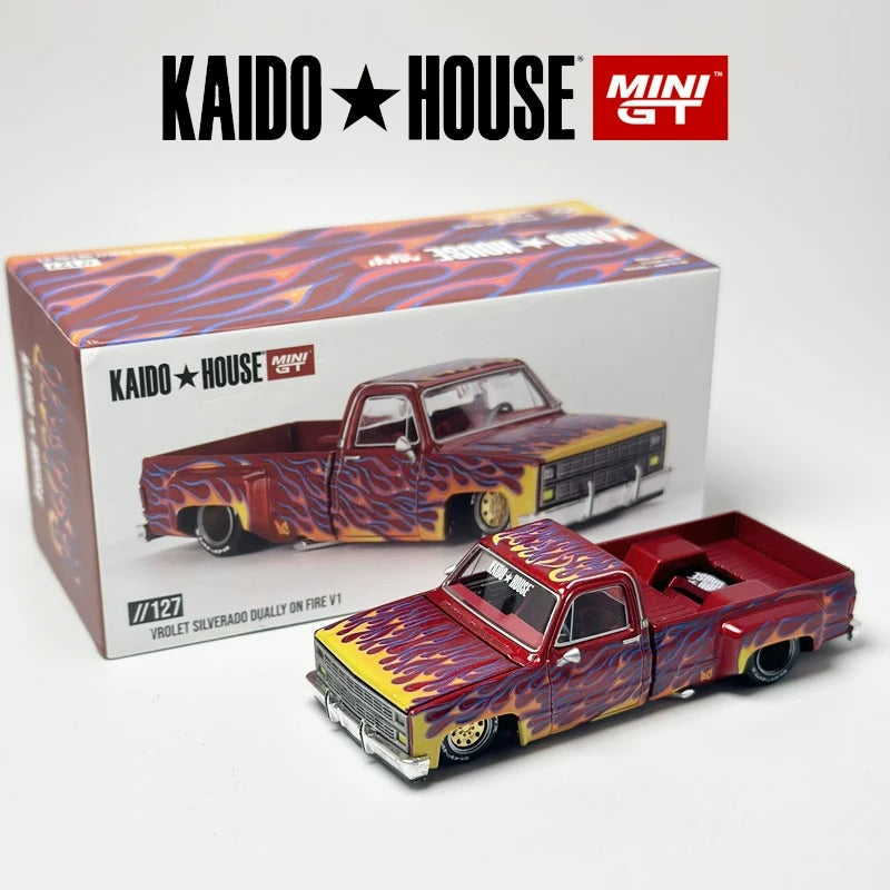 MiniGT Kaido House Chevrolet Silverado Dually On Fire V1 1:64 – Colecionável