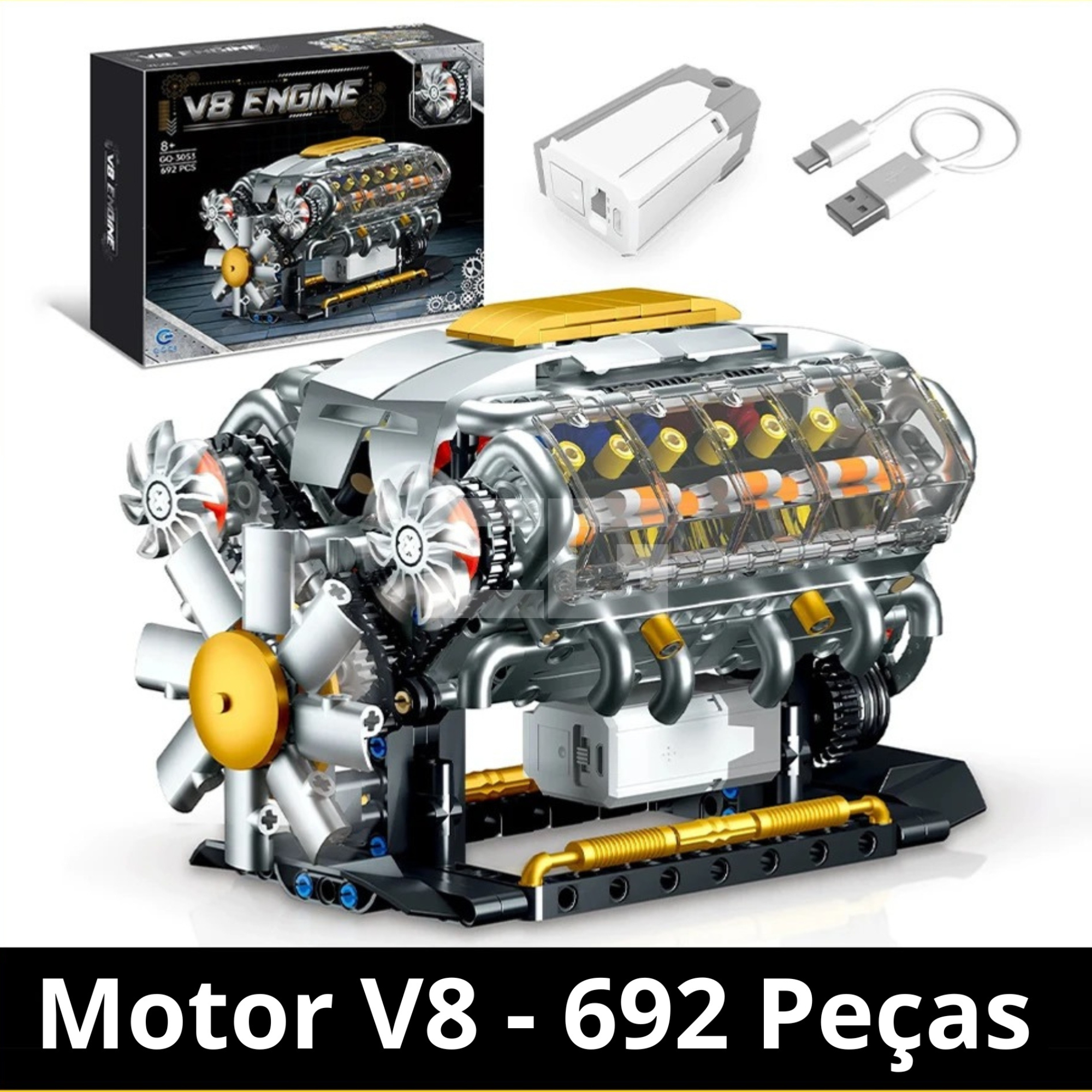 Blocos de Montar - Motor V8 Motorizado – 692 Peças
