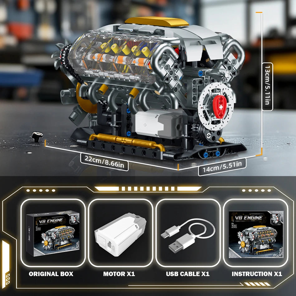 Blocos de Montar - Motor V8 Motorizado – 692 Peças