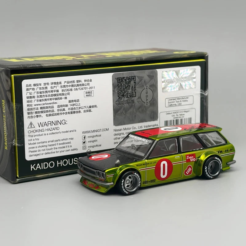 MiniGT Kaido House Datsun 510 Wagon OG Flo Yellow 1:64 – Diecast Colecionável