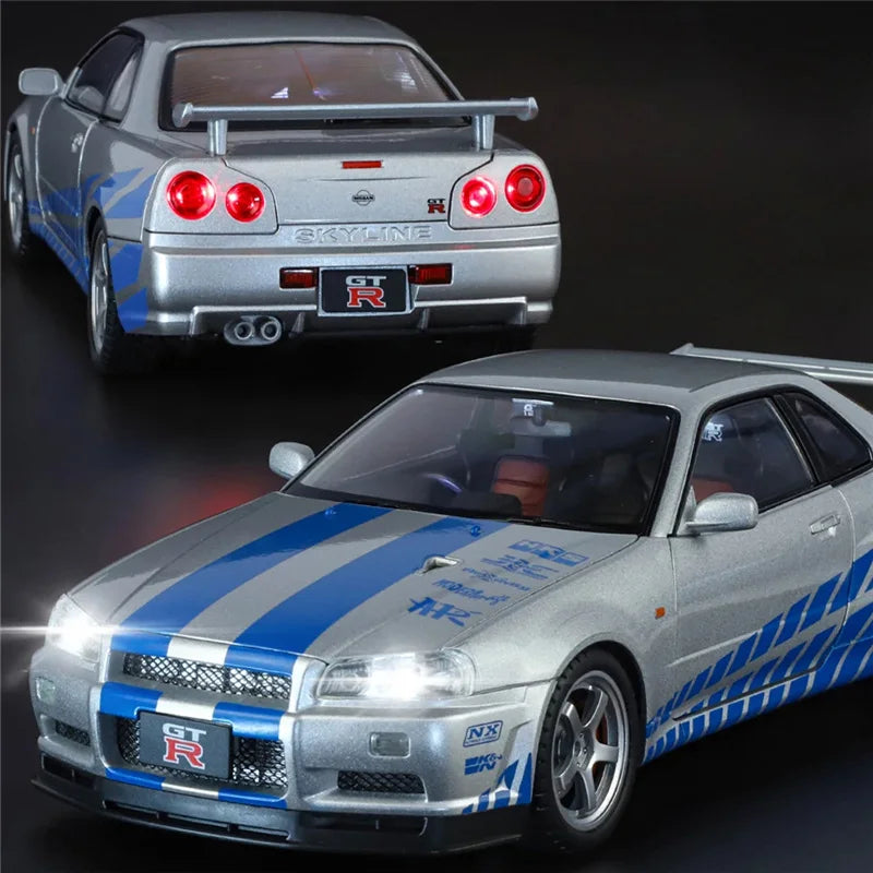 Miniatura Nissan Skyline GT-R R34 Ares 1:18 Diecast Metal com Som e Luz