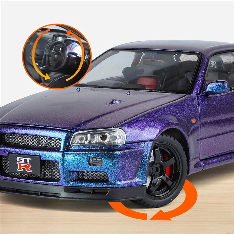 Miniatura Nissan Skyline GT-R R34 Ares 1:18 Diecast Metal com Som e Luz